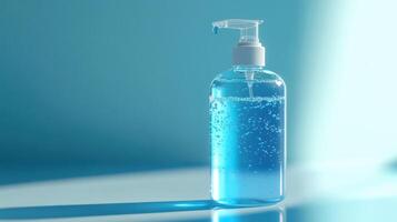 Clear blue liquid in a dispenser bottle against a soft blue background in a well-lit environment photo
