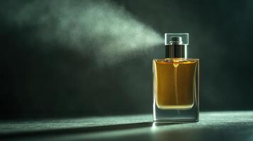 A glass perfume bottle releasing a fragrant mist in dim light on a textured surface photo