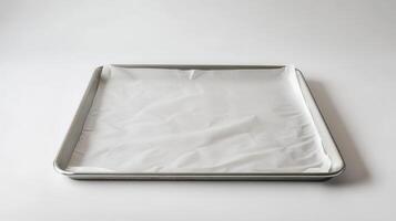 A clean baking tray lined with parchment paper on a smooth surface, ready for preparation in a kitchen setting photo