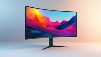 Modern curved computer monitor displaying vibrant landscape artwork on a clean, minimalist workspace photo