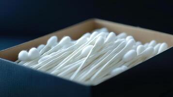 Box of cotton swabs displayed on a dark background, highlighting their soft tips and slender stems photo