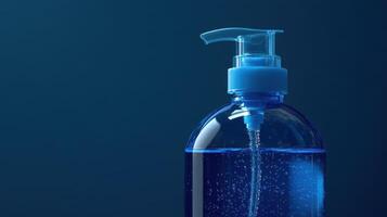 Clear blue liquid dispenser against a dark background with bubbles rising inside the bottle photo