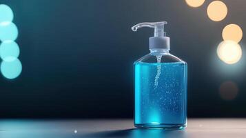 Transparent bottle with blue liquid and bubbles against a dark background with soft lights photo