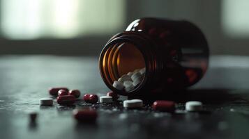 Spilled prescription medication on a table in a dimly lit room photo