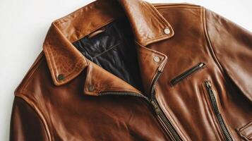 Brown leather jacket with textured collar resting on a white surface photo