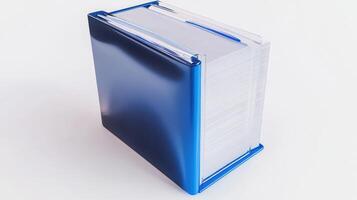 Blue binder filled with documents standing upright on a white background photo