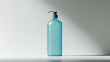 Clear blue plastic bottle with pump against a minimalist background illuminated by soft light photo