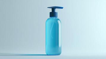 Clear blue bottle with a pump cap, featuring a simple design, placed against a light background photo