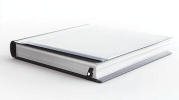 A closed binder resting on a white surface in a well-lit environment photo