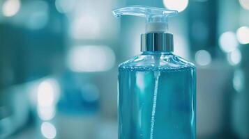 Clear blue liquid soap dispenser with pump in a bright, modern bathroom setting photo