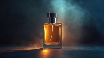 A glass perfume bottle illuminated by soft light against a dark, smoky backdrop in a studio setting photo