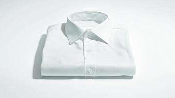 Neatly folded white shirt on a plain background showcasing its crisp collar and button details photo