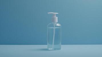 Clear liquid soap dispenser on a blue background with a simple design in a well-lit environment photo