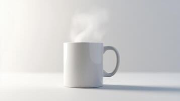 Rising steam from a white ceramic mug sits on a minimalistic surface in a well-lit space during the morning photo