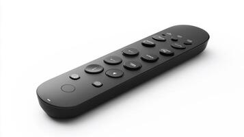 Black remote control with various buttons for multimedia devices on a white background photo