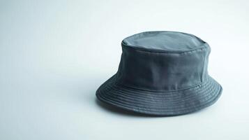 A simple gray bucket hat placed on a light backdrop for a fashion display photo