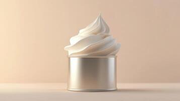 Creamy soft serve ice cream in a silver cup against a soft, neutral background photo