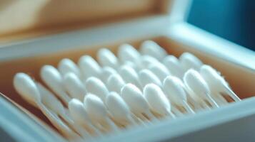 Cotton swabs neatly arranged in a wooden box on a clean surface, showcasing their use in personal care photo