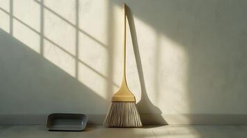 Broom and dustpan casting shadows in a sunlit room during the afternoon photo