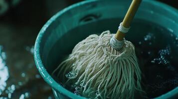 Mop soaking in a bucket of water during a cleaning session in a well-lit room photo