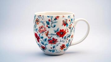 Decorative ceramic mug with floral pattern on a light background photo