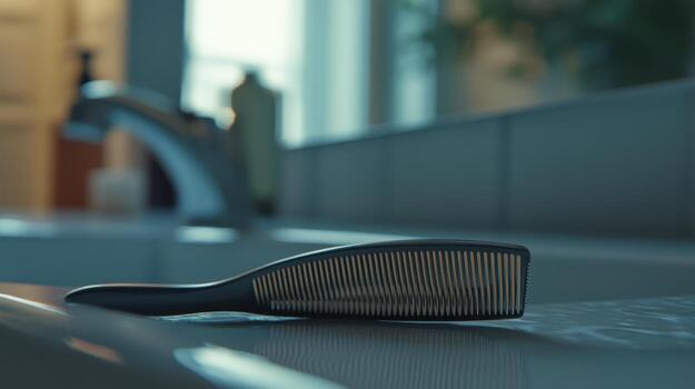 un negro peine descansando en un baño encimera junto a un lavabo en suave Mañana ligero foto