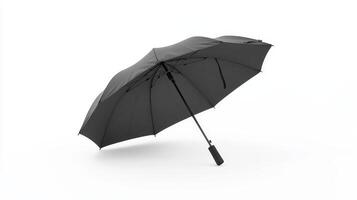 A black umbrella stands upright on a white background, showcasing its sleek design and functionality during rainy weather photo