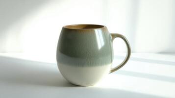A ceramic mug with a glossy finish, displaying a gradient color from green to white, captured in bright natural light against a simple background photo
