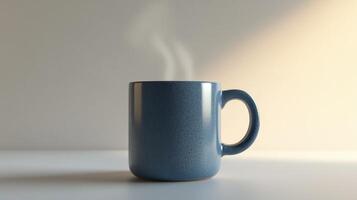 A steaming blue coffee mug on a light surface in a warm, cozy setting during morning hours photo