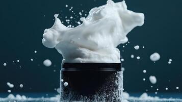 Whipped cream overflowing from a black container on a blue background, creating a splash effect in a dynamic and artistic display photo
