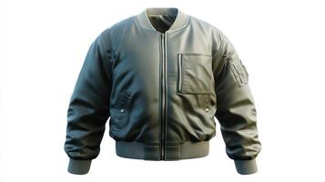 Classic bomber jacket in olive green with pocket detail showcased on a plain background photo