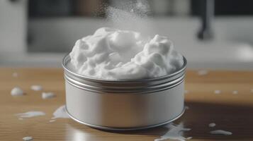 Whipped cream in a metal tin on a wooden countertop with splashes around in a bright kitchen setting photo