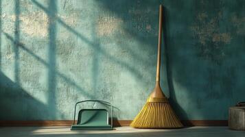 Broom and dustpan resting against a teal wall in a sunlit room with soft shadows photo