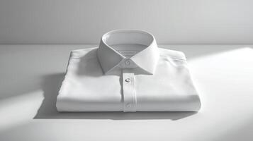 Folded white dress shirt on a table with soft lighting in a minimalist setting photo