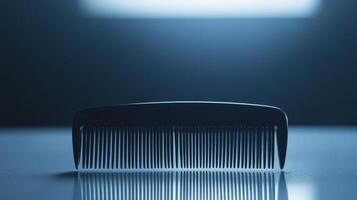 A close-up view of a black comb on a reflective surface with soft blue lighting in a minimalistic setting photo