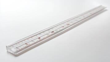 Clear plastic ruler on a white surface with measurements marked in inches and centimeters photo