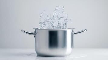 Water splashing from a stainless steel pot on a white countertop in a modern kitchen photo