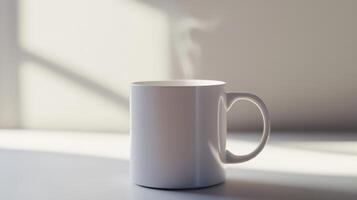 A steaming white coffee mug on a table in a sunlit room during the morning photo