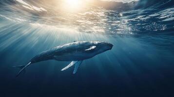A humpback whale swims gracefully underwater in bright sunlight near the ocean surface during a clear day photo