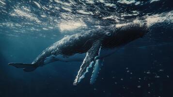 A humpback whale swims gracefully underwater in a clear ocean setting during daylight hours photo
