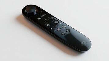A sleek black remote control with buttons and a navigation wheel on a light surface photo