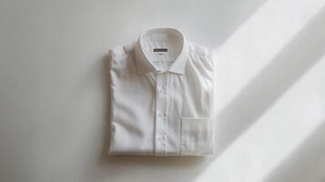 Neatly folded white dress shirt on a light surface illuminated by soft natural light photo