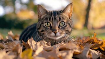 A tabby cat lying in colorful autumn leaves in a sunlit park during early afternoon photo