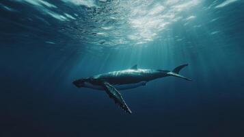 Humpback whale swimming gracefully in deep blue ocean waters with sunlight filtering through the surface photo