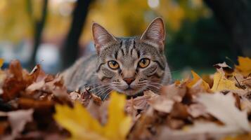 Gray tabby cat lying among colorful autumn leaves in a park on a sunny day photo