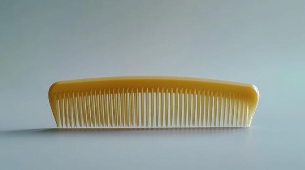 un sencillo amarillo peine descansando en un suave superficie en contra un ligero fondo, exhibiendo sus multa dientes y clásico diseño foto