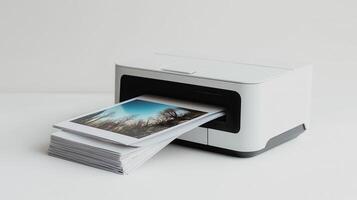 A compact printer producing high-quality landscape prints in a modern workspace photo