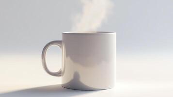 Steaming white mug filled with hot beverage on a minimalist background photo