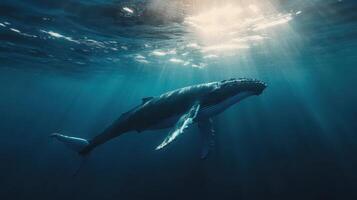 Humpback whale swimming gracefully in deep ocean waters with sunlight filtering through the surface photo