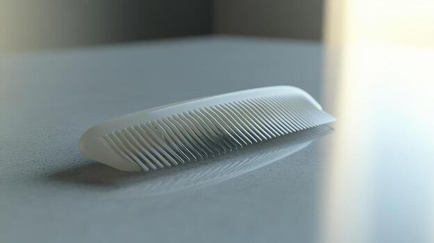 un de cerca de un sencillo blanco peine descansando en un lustroso encimera en suave ligero durante el Mañana foto